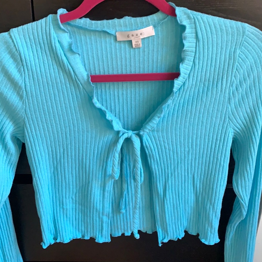 Turquoise Front Tie Ribbed Sweater